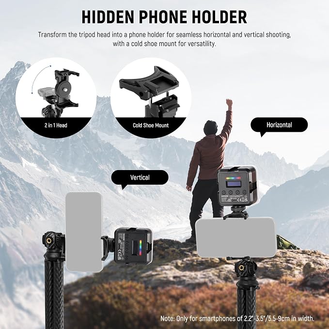 NEEWER Camera Tripod with Remote, Mini Flexible Vlog Phone Tripod Stand with Action Camera Mount Adapter, Hidden Phone Holder & Cold Shoe Compatible with iPhone Hero13 12 11 10 9, Max Load 4.4lb, TP34