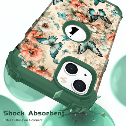 Hocase for iPhone 15 Case, Heavy Duty Shockproof Protection Soft Silicone Rubber Bumper+Hard Plastic Hybrid Protective Case for iPhone 15 (6.1" Display) 2023 - Teal Green Butterflies