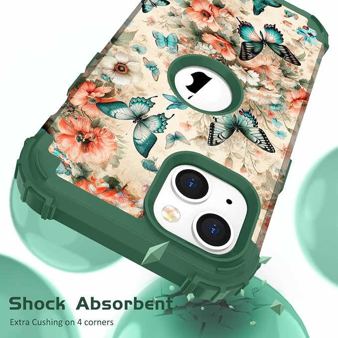 Hocase for iPhone 15 Plus Case, Heavy Duty Shockproof Protection Soft Silicone Rubber Bumper+Hard Plastic Hybrid Protective Case for iPhone 15 Plus 6.7" 2023 - Teal Green Butterflies