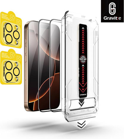 Gravit:e Screen Protector for iPhone, 9H Tempered Glass, Smart Installation Tool, Automatic Fine Dust Removal and Camera Protector 2 Pack (iPhone 16Pro)