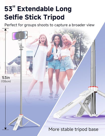 Selfie Stick Tripod with 2 Light, 3 Light Modes & 6 Brightness Levels Extendable Phone Tripod with Detachable Remote & Phone Holder, Portable Camera Tripod Compatible with iphone16 15 14 13/Android