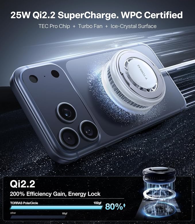 TORRAS PolarCircle Qi2.2 Wireless Charger, 25W Cooling Magnetic Pad for iPhone 17/16, Wireless Charger for Samsung Galaxy S26/S25 with 360°Spin Stand, Semiconductor Game Cooler, with 45W IceNano Plug