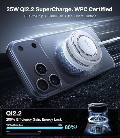 TORRAS PolarCircle Qi2.2 Wireless Charger, 25W Cooling Magnetic Pad for iPhone 17/16, Wireless Charger for Samsung Galaxy S26/S25 with 360°Spin Stand, Semiconductor Game Cooler, with 45W IceNano Plug