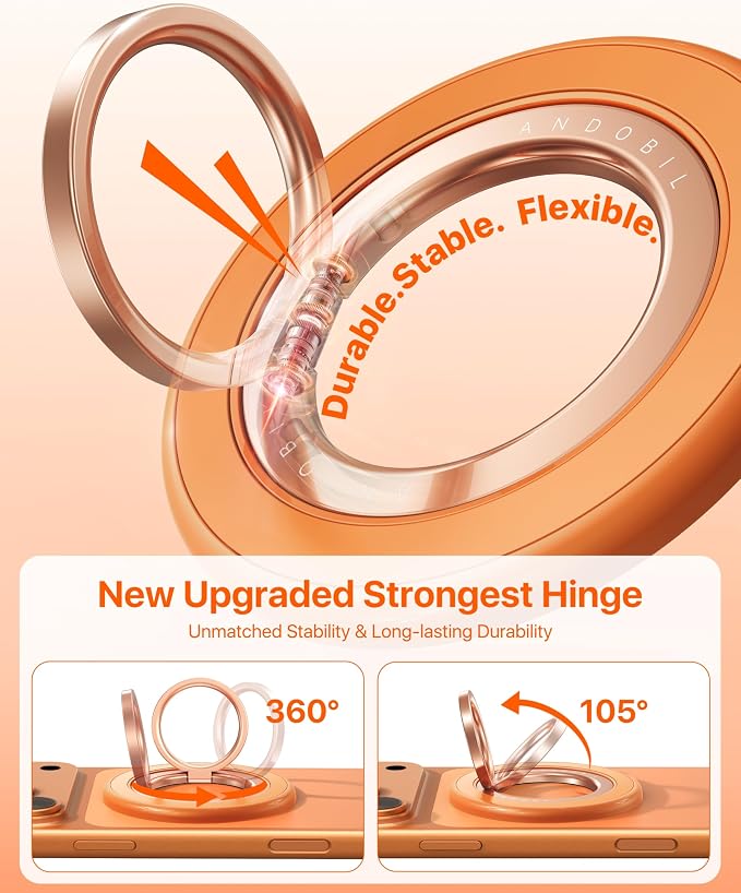 andobil [2026 3rd Gen] Magnetic Phone Grip for MagSafe [Sability Max] Stronger Two-Sided Magnet Cell Phone Ring Holder Compatible with MagSafe Accessories, iPhone 17 Pro Max Air 16 15 14 13 12, Orange