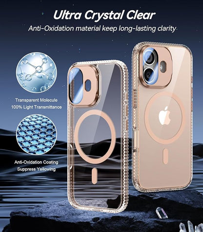 [Upgraded] for iPhone 16 Case with Camera Cover Stand [Fit for MagSafe][9H Camera Lens Protector] Mil-Grade Protection Transparent Magnetic iPhone 16 Phone Case, Clear Gold