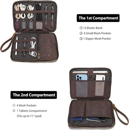 LANNSYNE Full Grain Leather Travel Cable Accessories Bag, Electronic Organizer Carry Case Double Layer Storage Case for Cables, Charger, Phone, Power Bank