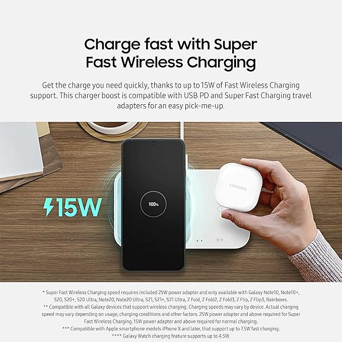 Samsung 15W Wireless Charger Duo w/USB C Cable, Dual Charging, Cordless Super Fast Charging Pad for Galaxy Phones and Devices, Compact Design, LED Indicator, 2022, US Version, White