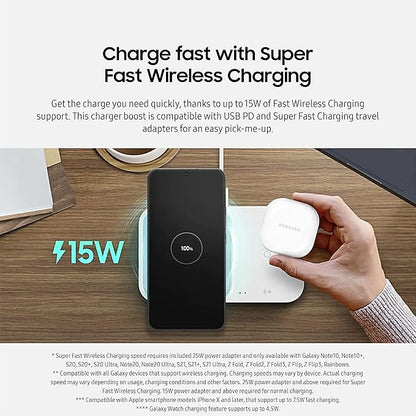 Samsung 15W Wireless Charger Duo w/USB C Cable, Dual Charging, Cordless Super Fast Charging Pad for Galaxy Phones and Devices, Compact Design, LED Indicator, 2022, US Version, White