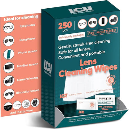 250 CT Lens Wipes for Eyeglasses - Pre-Moistened, Individually Wrapped Eye Glasses Cleaner Wipes - Streak-Free & Scratch-Free Glasses Wipes for Sunglasses, Camera Lenses & Phone Screen Wipes