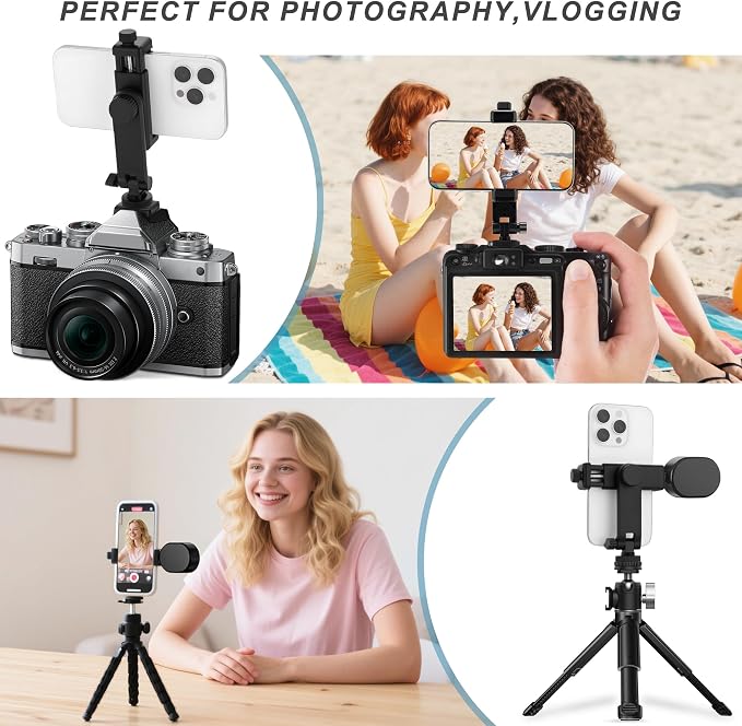 Universal Cell Phone Tripod Mount Adapter, Camera Hot Shoe Phone Holder Clamp with 360 Rotation Bracket 1/4" Screw Hole for Canon Nikon Sony DSLR iPhone Android