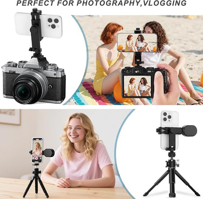 Universal Cell Phone Tripod Mount Adapter, Camera Hot Shoe Phone Holder Clamp with 360 Rotation Bracket 1/4" Screw Hole for Canon Nikon Sony DSLR iPhone Android