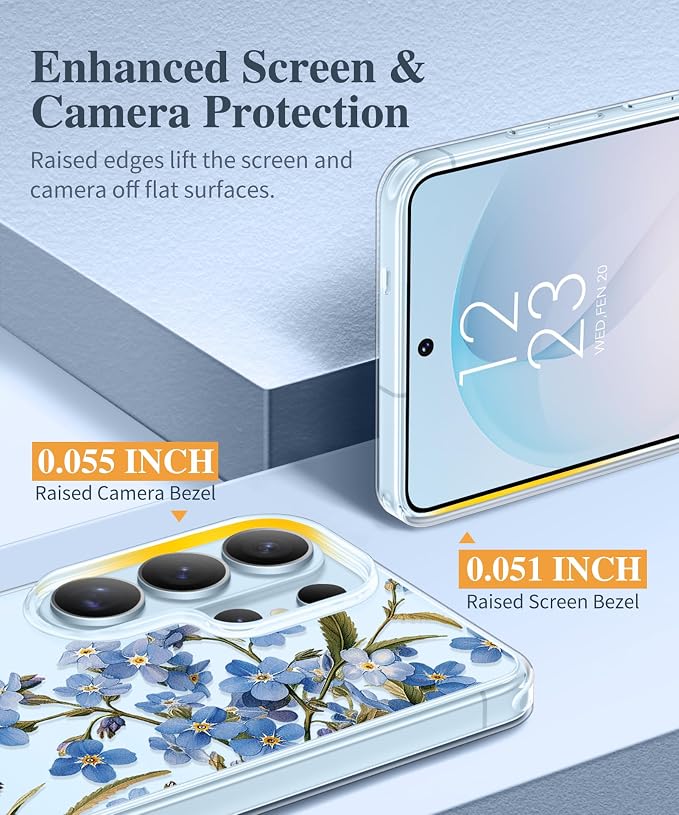 GVIEWIN for Samsung Galaxy S26 Ultra Case, Clear Floral Slim Shockproof Protective Women Phone Case, Non-Yellowing, with Screen Protector & Camera Lens Protector for S26 Ultra 6.9", Aconite/Blue