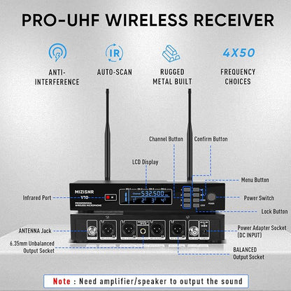 4 Channel Wireless Lapel Microphone, Set of 4 Headset & Lavalier Mics with 4x50 Adjustable Frequency UHF Metal Receiver, 300ft Range Microphone System for Church, Karaoke, Preaching, Wedding