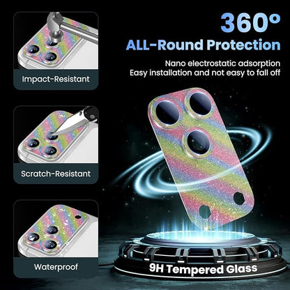 Uyiton for iPhone 17-Pro Camera-Lens Protector: Bling [Not Easy to Break][Strong Adsorption][Case-Friendly] Metal Tempered Glass Rear Camera Screen Cover - Glitter Colorful