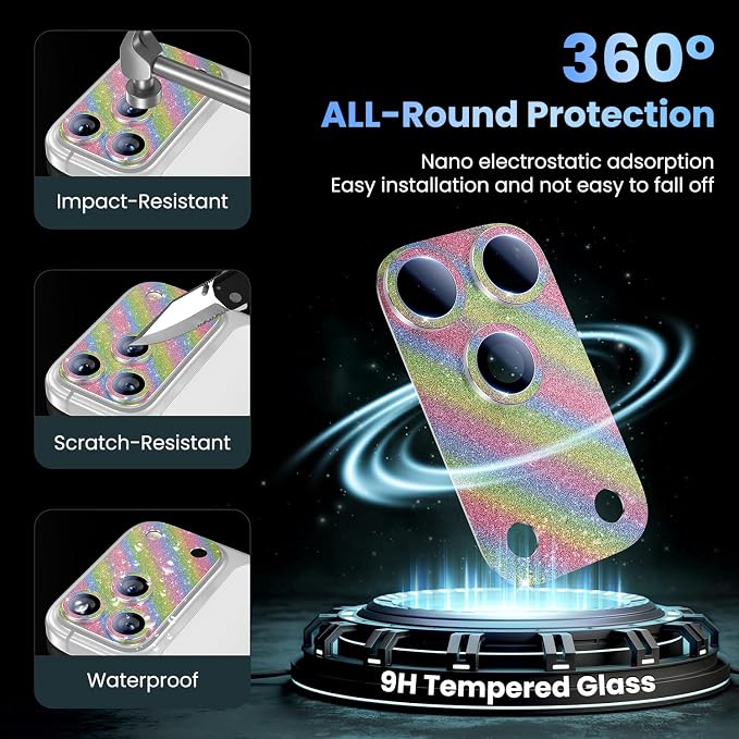 Uyiton for iPhone 17-Pro-Max Camera-Lens Protector: Bling [Not Easy to Break][Strong Adsorption][Case-Friendly] Metal Tempered Glass Rear Camera Screen Cover - Glitter Colorful