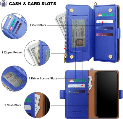 Antsturdy Compatible with iPhone 16 Plus Wallet Case,RFID Blocking PU Leather Phone Case Women Men Kickstand flip Cover Wrist Strap Zipper Credit Card Holder Slots for Apple 16 Plus 6.7",Ultramarine