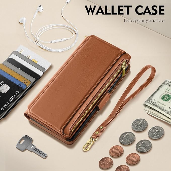 Antsturdy Compatible with iPhone 12 Wallet Case,RFID Blocking PU Leather Phone Case Women Men Kickstand Flip Cover Wrist Strap Zipper Credit Card Holder Slots,for Apple 12 Pro 6.1",Light Brown