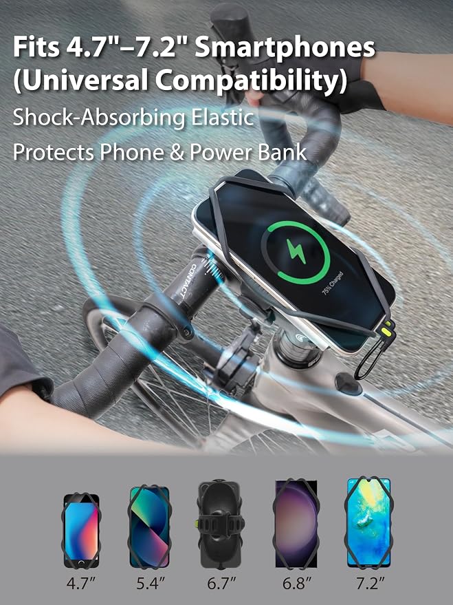 Bone Bike Tie 6 Pro-Pack, 2-in-1 Bike Phone and Charger Mount for Stem, Scratch-Free & Shock-Absorbing Silicone with Dual-Strap Protection, Cycling Holder for 4.7"–7.2" Smartphones and Power Banks