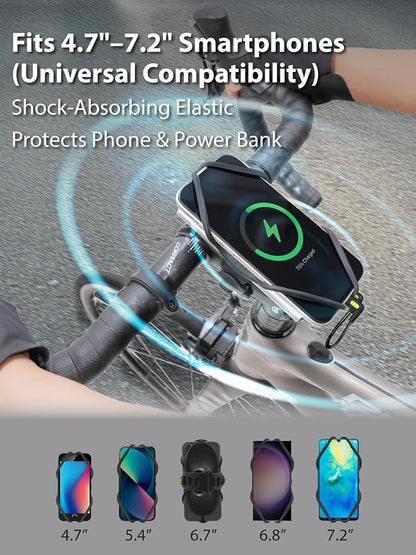 Bone Bike Tie 6 Pro-Pack, 2-in-1 Bike Phone and Charger Mount for Stem, Scratch-Free & Shock-Absorbing Silicone with Dual-Strap Protection, Cycling Holder for 4.7"–7.2" Smartphones and Power Banks
