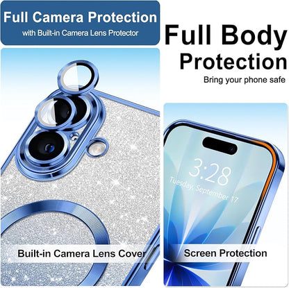 Hython for iPhone 17 Case Glitter Clear Magnetic Phone Cases [Compatible with MagSafe] Full Camera Lens Protector Sparkle Luxury Plating Slim Shockproof Protective Cover, Gradient Deep Blue