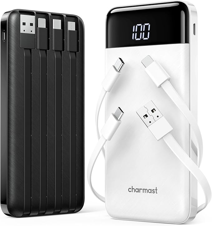 charmast 2 Pack 10000mAh Portable Charger, Power Bank with Built-in 4 Cables, 6 Outputs & 3 Inputs, Battery Pack with Digital Display, Travel Essential for iPhone All Series & Android, Family Sharing