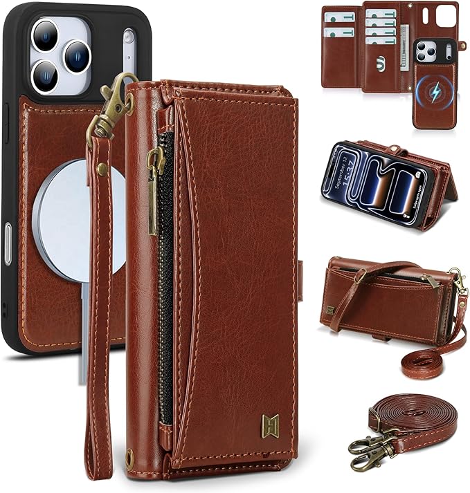 Wallet Case for iPhone 17 Pro with Card Holder/Crossbody Wallet/Strap,[RFID Blocking][Magnetic] PU Leather Phone Case for iPhone 17 Pro,6.3 in,Brown