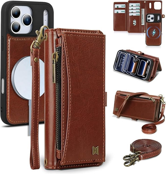 Wallet Case for iPhone 17 Pro with Card Holder/Crossbody Wallet/Strap,[RFID Blocking][Magnetic] PU Leather Phone Case for iPhone 17 Pro,6.3 in,Brown