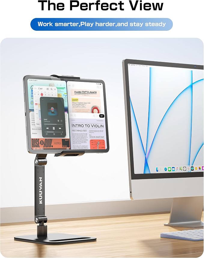 Tablet Stand Holder for iPad, Portable Monitor Stand Holder 15.6'',16'', Aluminum Alloy Foldable Arm Mount with 360° Swivel Desk Mount Compatible with 4.7-16inch Tablet, Cell Phone (Black)