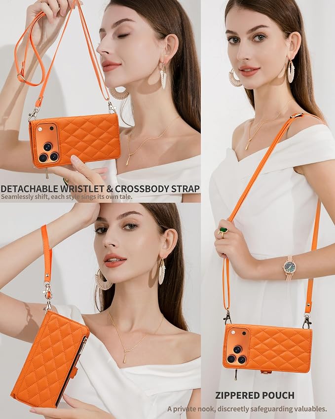 Rssviss Crossbody Wallet Case for iPhone 17 Pro Max 6.9", with Make Up Mirror, Wrist Strap, Zipper Purse Magnetic Flip, RFID Blocking Card Holder Kickstand, PU Leather Shockproof Women, Orange