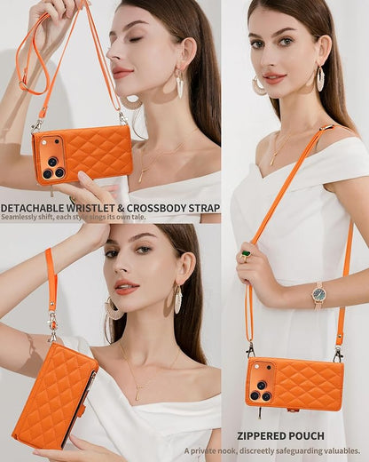 Rssviss Crossbody Wallet Case for iPhone 17 Pro Max 6.9", with Make Up Mirror, Wrist Strap, Zipper Purse Magnetic Flip, RFID Blocking Card Holder Kickstand, PU Leather Shockproof Women, Orange