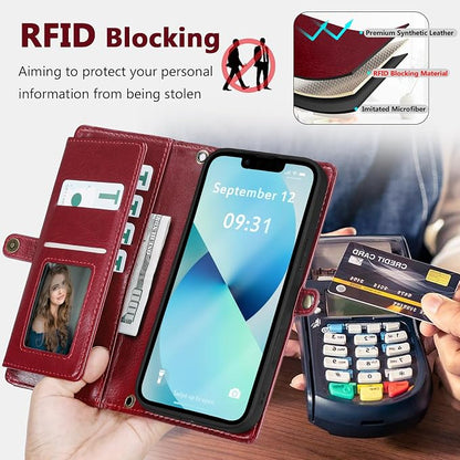 Wallet Case for iPhone 13 with Card Holder/Crossbody Wallet/Strap| RFID Blocking | Magnetic | Kickstand | Detachable | PU Leather Phone Case for iPhone 13,6.1 in,Wine Red