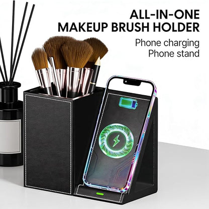 LADSTAG Makeup Brush Holder,Leather Makeup Brush Holder Organizer with phone charging stand，Makeup Organizers Countertop, Makeup organization and Skincare Storage for Vanity, Desktop, Bathroom