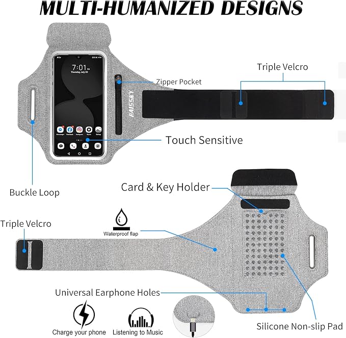 Running Armband with Earphone Bag Cell Phone Armband for iPhone 17 16 15 Pro 14 Plus 13 11 XR, Galaxy S24/S10 Water Resistant Sports Phone Holder Case & Zipper Slot Car Key Holder for 6.7 inch Phone