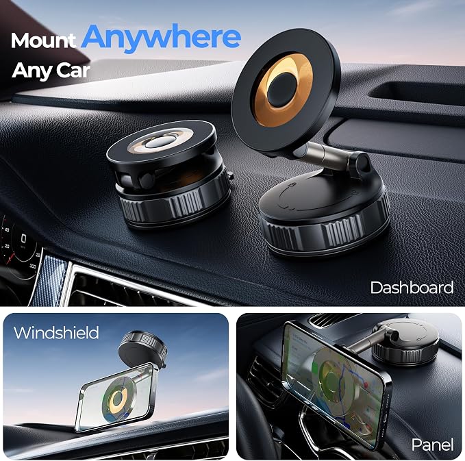 Vacuum Magnetic Suction Phone Holder, 360° Adjustable Suction Cup Phone Mount for Car/Gym/Mirror/Shower, Hands-Free Car Phone Holder, Compatible with iPhone Android and All Smartphones