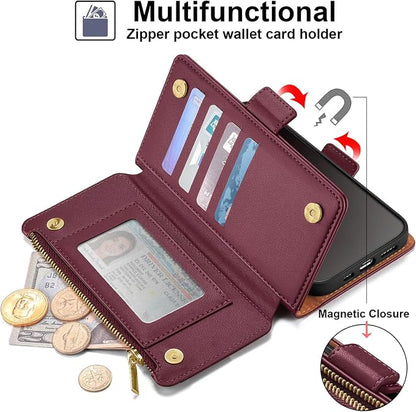 Antsturdy Compatible with iPhone 16 Plus Wallet Case,RFID Blocking PU Leather Phone Case Women Men Kickstand flip Cover Wrist Strap Zipper Credit Card Holder Slots for Apple 16 Plus 6.7",Wine Red