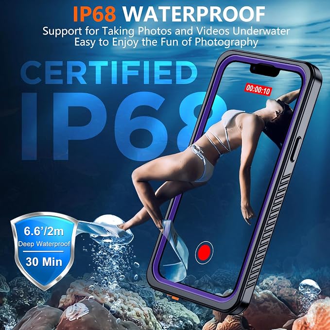SPIDERCASE Magnetic for iPhone 13 Pro Max Case Waterproof,Built-in Screen & Camera Lens Protector[IP68 Underwater] [Military Grade Shockproof] Full Body Protection Phone Case,Purple/Clear