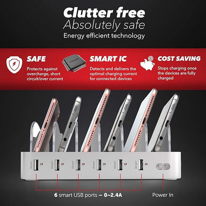 USB Charging Dock - 6-Port Universal Charging Station for Multiple Devices - Multi Device Charger Station - Compatible with Apple, iPad, iPhone, and Android Cell Phones and Tablets