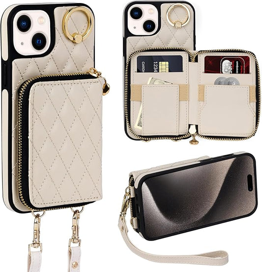 Keallce Case for iPhone 15 Plus 6.7'' Wallet Case, Crossbody Zipper Purse with Handbag Wristlet for Women, RFID Blocking Card Holders, 360° Ring Kickstand Flip Leather Cover for iPhone 15 Plus, Beige