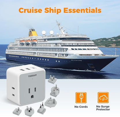 TESSAN 6-in-1 European UK Travel Plug Adapter Kit | 3 USB (1 USB C), 3 AC Outlets, Supports Type C, G, E/F, I, A, B, US to Europe UK Italy Australia Japan