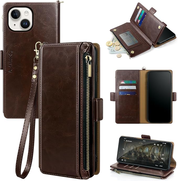 Antsturdy Compatible with iPhone 14 Wallet Case RFID Blocking,PU Leather Phone Case Women Men Flip Shockproof Cover with Wrist Strap Zipper Pocket Credit Card Holder Slots,for Apple 14 6.1" Coffee