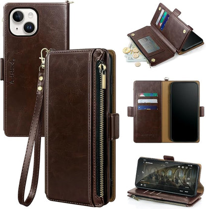Antsturdy Compatible with iPhone 14 Wallet Case RFID Blocking,PU Leather Phone Case Women Men Flip Shockproof Cover with Wrist Strap Zipper Pocket Credit Card Holder Slots,for Apple 14 6.1" Coffee