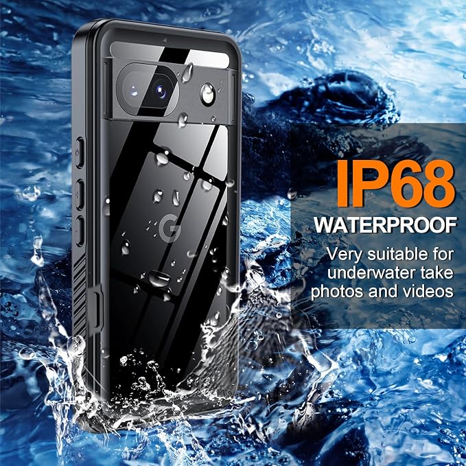 Hualele Pixel 8a Case Waterproof, Built in Lens & Screen Protector Rugged Full Body Heavy Duty Protective Shockproof IP68 Underwater Cover for Google Pixel 8a Black
