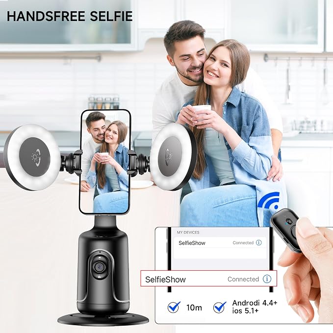 Auto Face Tracking Tripod with 2 Selfie Ring Light, 360° Rotation Face Body Phone Holder Smart Shooting Camera Mount with Remote, Rechargeable Smart Shooting Holder for Vlog, Streaming, Video, Tiktok