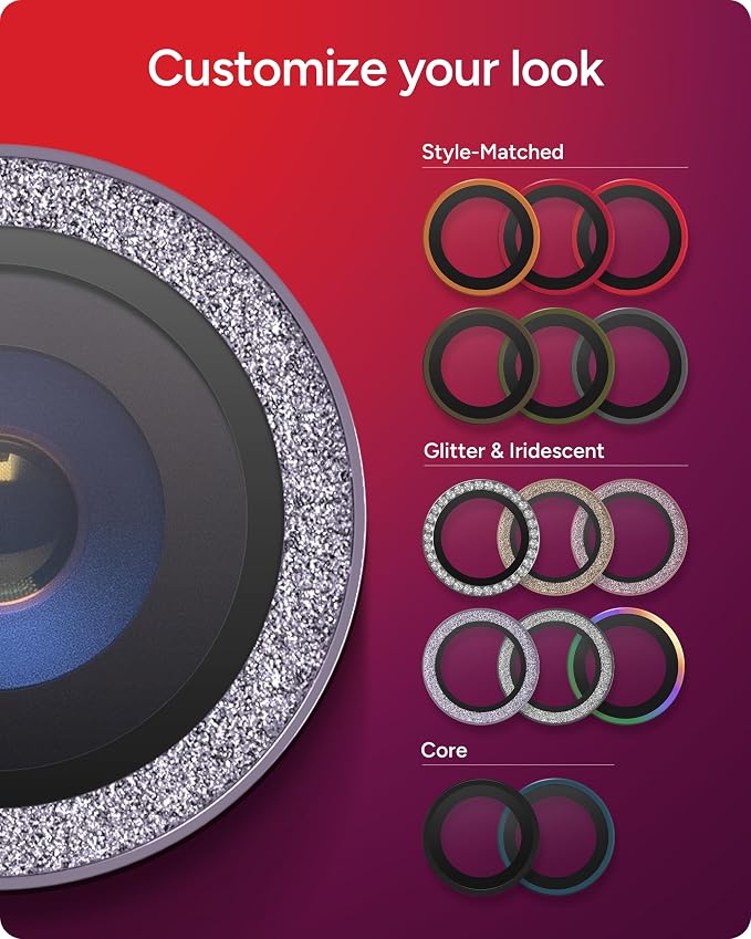 ZAGG iPhone Camera Lens Protector for iPhone 17/16/15 Pro and Pro Max Models - Purple Glitter, Camera Ring, Maximum Impact & Scratch Protection, Anti-Reflective Technology, Glass Elite