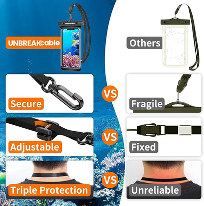 UNBREAKcable Waterproof Phone Pouch-2 Pack IPX8 Waterproof Phone Case for iPhone 16 15 14 13 12 11 Pro Max & Samsung S25 S24 S23-Dry Bag & Travel Essentials for Beach, Pool, Kayak & Cruise-7" Black