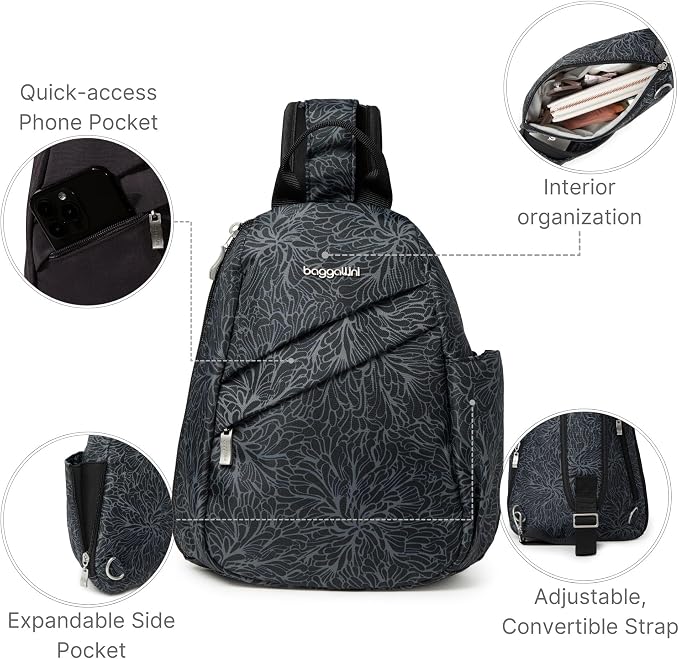 Baggallini Medium Sling Backpack - 9"x11" Lightweight Sling Bag with Convertible Adjustable Shoulder Strap