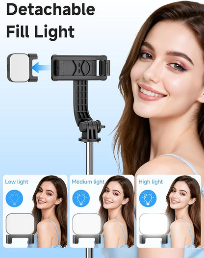 Mini Selfie Stick Travel Tripod for Cell Phone with Light, Extendable Selfie Stick for iPhone with Detachable Remote, iPhone Tripod for Video Recording, Photograph, Compatible with Cellphones