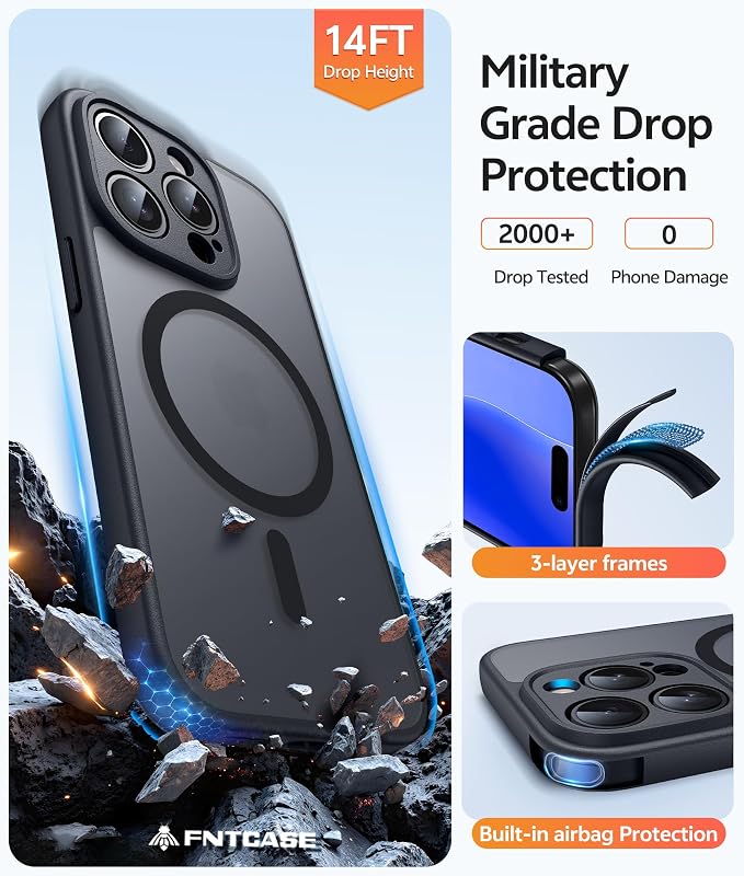 FNTCASE for iPhone 14 Pro Max Case: Magnetic Translucent Matte Slim Cases [Tempered Glass Screen Protector] [Full Camera Protection] Military Grade Shockproof Protective Phone Cover - Black