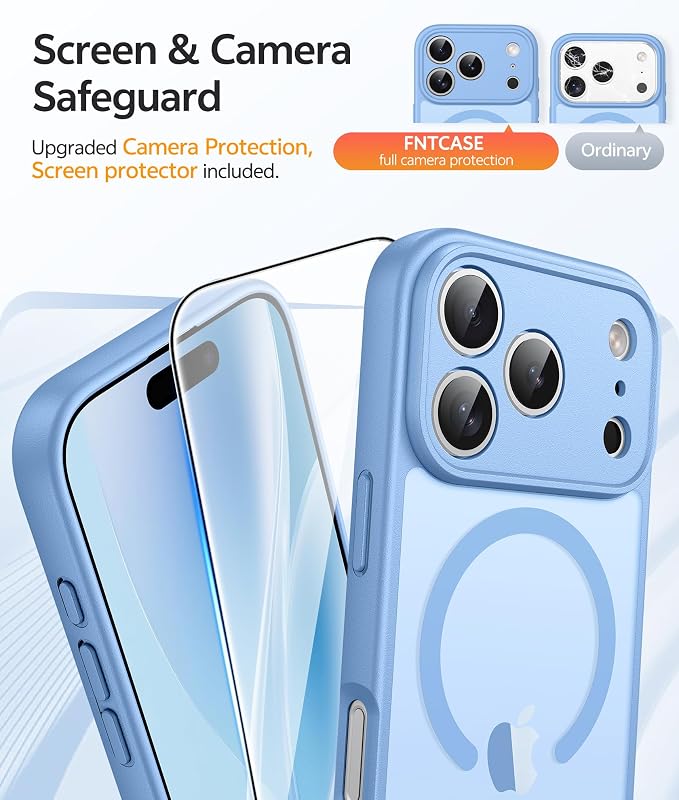 FNTCASE for iPhone 17 Pro Max Case: [Compatible with Magsafe] Translucent Matte Cases with [Full Camera Protection] [Screen Protector] Military Grade Shockproof Protective Phone Cover - Light Blue