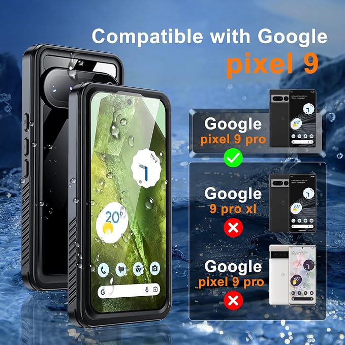 Hualele Pixel 9 Case Waterproof Built-in Screen Protector and Lens Protector, IP68 Underwater Rugged Full Body Shockproof Anti-Scratched Durable Phone Case for Google Pixel 9 Black/Clear